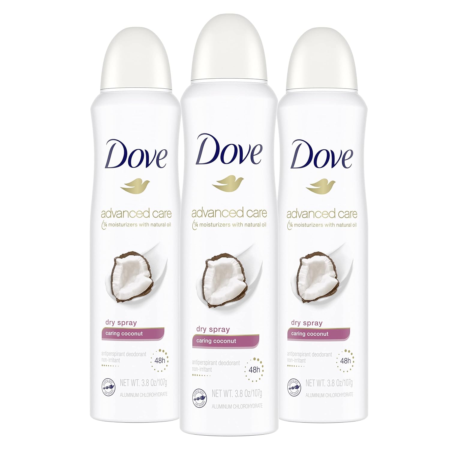 Dove Advanced Care Dry Spray Antiperspirant Deodorant Caring Coconut 3 Count For Women With 48 Hour Protection Soft And Comfortable Underarms 3.8 oz