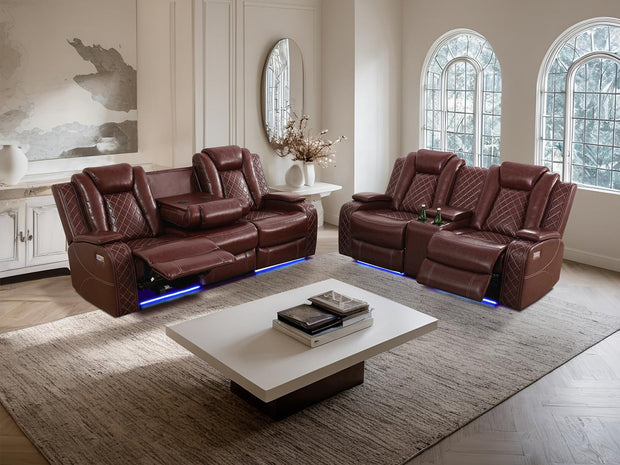 Living Room Set Brown Breathing Leather Sofa Living Room Furniture Set Power Recliner Manual Sofa,Loveseat and Chair with Cup Holders/Storage Console/LED Light for Living Room