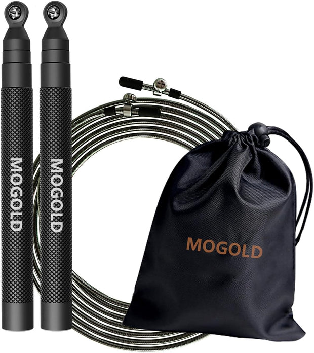 speed jump rope incl. 2 PVC Steel Cables 2.0mm/3.0mm| Ideal for Crossfit, Fitness, Boxing and Easy Double Under | Metal Jump Rope with Weights for Fitness Women and Men Premium Bearing Balls | Carry Pouch&Spare Screws