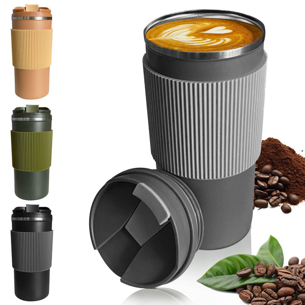 YINBAOGE Insulated Travel Coffee Mug Spill Proof Leak Proof Pobtable To Go Camping Stainless Steel Coffee Tumbler Reusable Coffee Cups with Lids Thermos for Hot and Cold Drink (Black, 12 OZ)