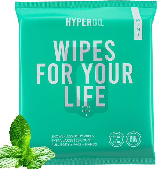 HyperGo XL Body Wipes for Women & Men – 12" x12" Rinse-Free Full Body Cleansing Wipes 20 Count Pack - Mint | Biodegradable, Hypoallergenic, Aloe-Infused | Gym, Festival, Camping Essentials