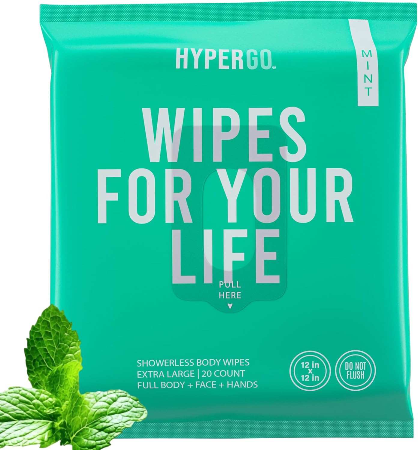 HyperGo XL Body Wipes for Women & Men – 12" x12" Rinse-Free Full Body Cleansing Wipes 20 Count Pack - Mint | Biodegradable, Hypoallergenic, Aloe-Infused | Gym, Festival, Camping Essentials