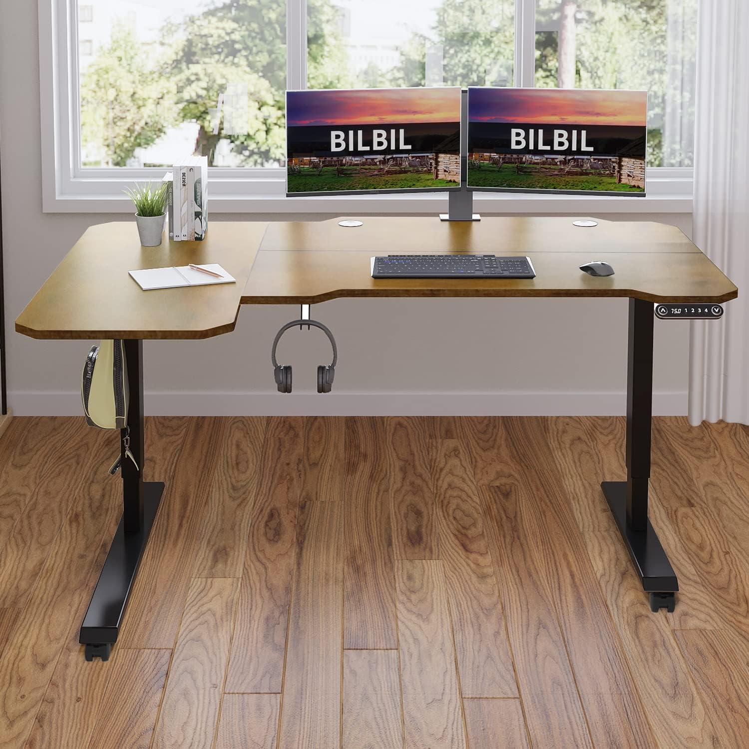 bilbil L-Shaped Electric Height Adjustable Standing Desk 59 Inches, Stand Up Rising Table for Home Office with Splice Board, Black Frame and Rustic Brown Top