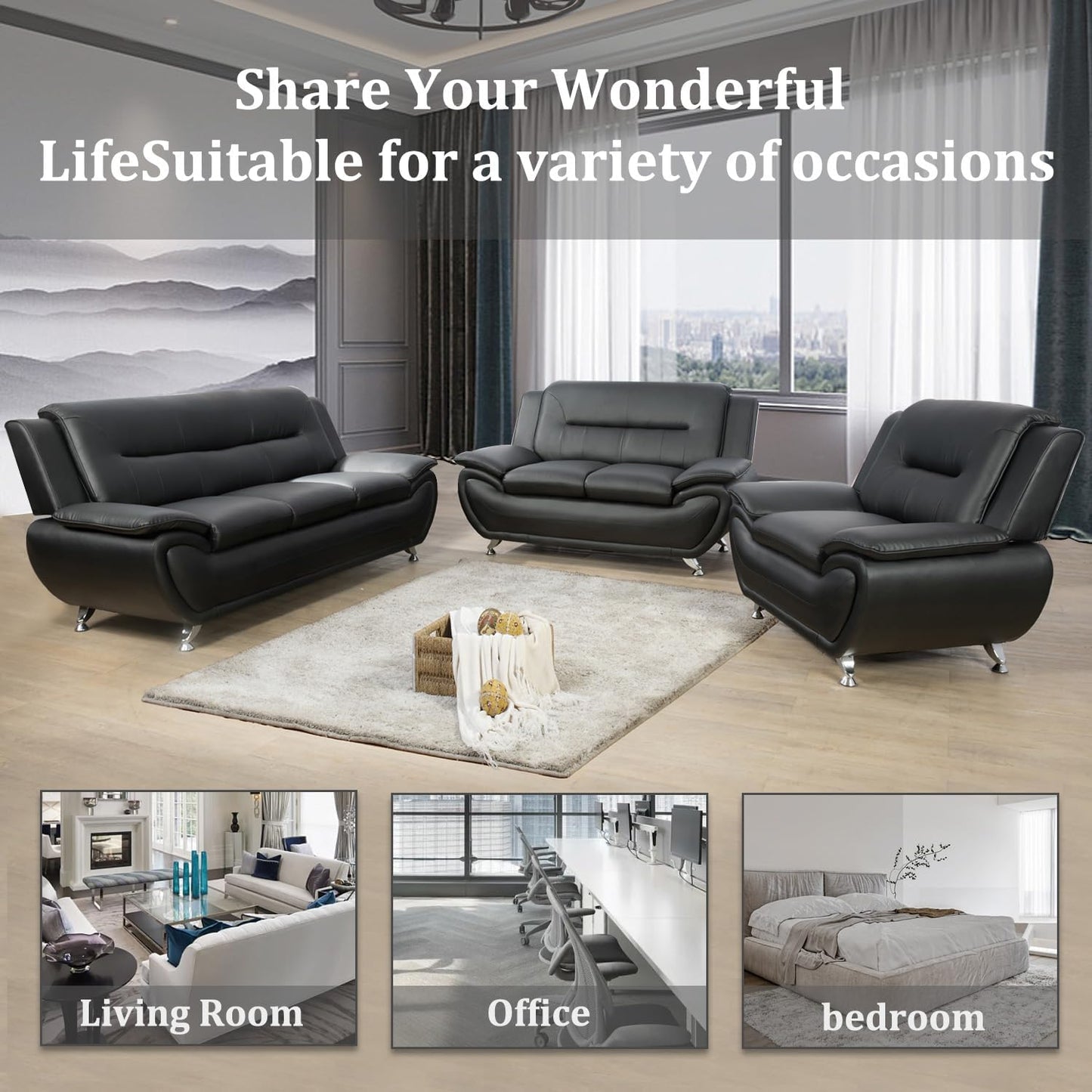 3 Piece Living Room Furniture Set, Leather Sofa Set for Living Room, Modern Couch Set with 3-Seater Sofa, Loveseat and Armchair (Black 2)