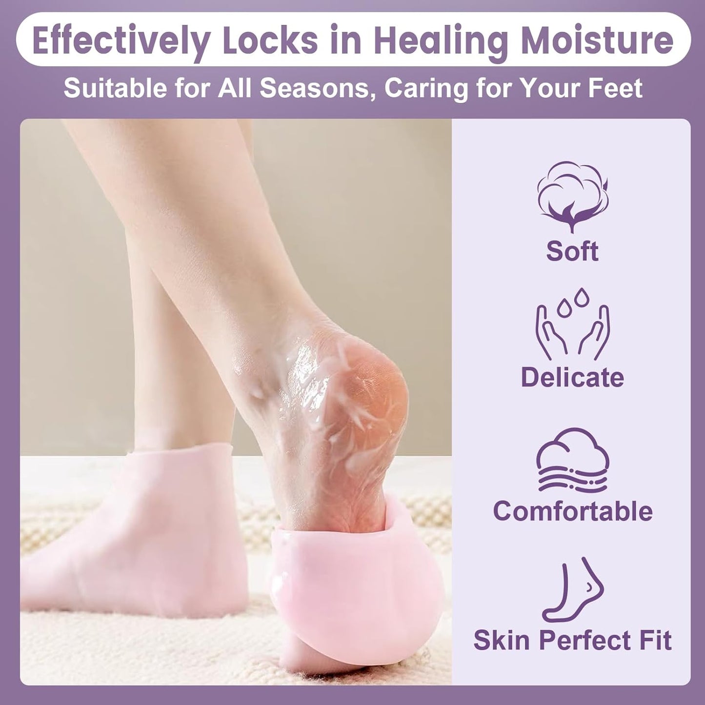 5 Pairs Silicone Socks for Dry Cracked Feet, Women's Moisturizing Foot Socks (Pink, Fits Up to Size 9)