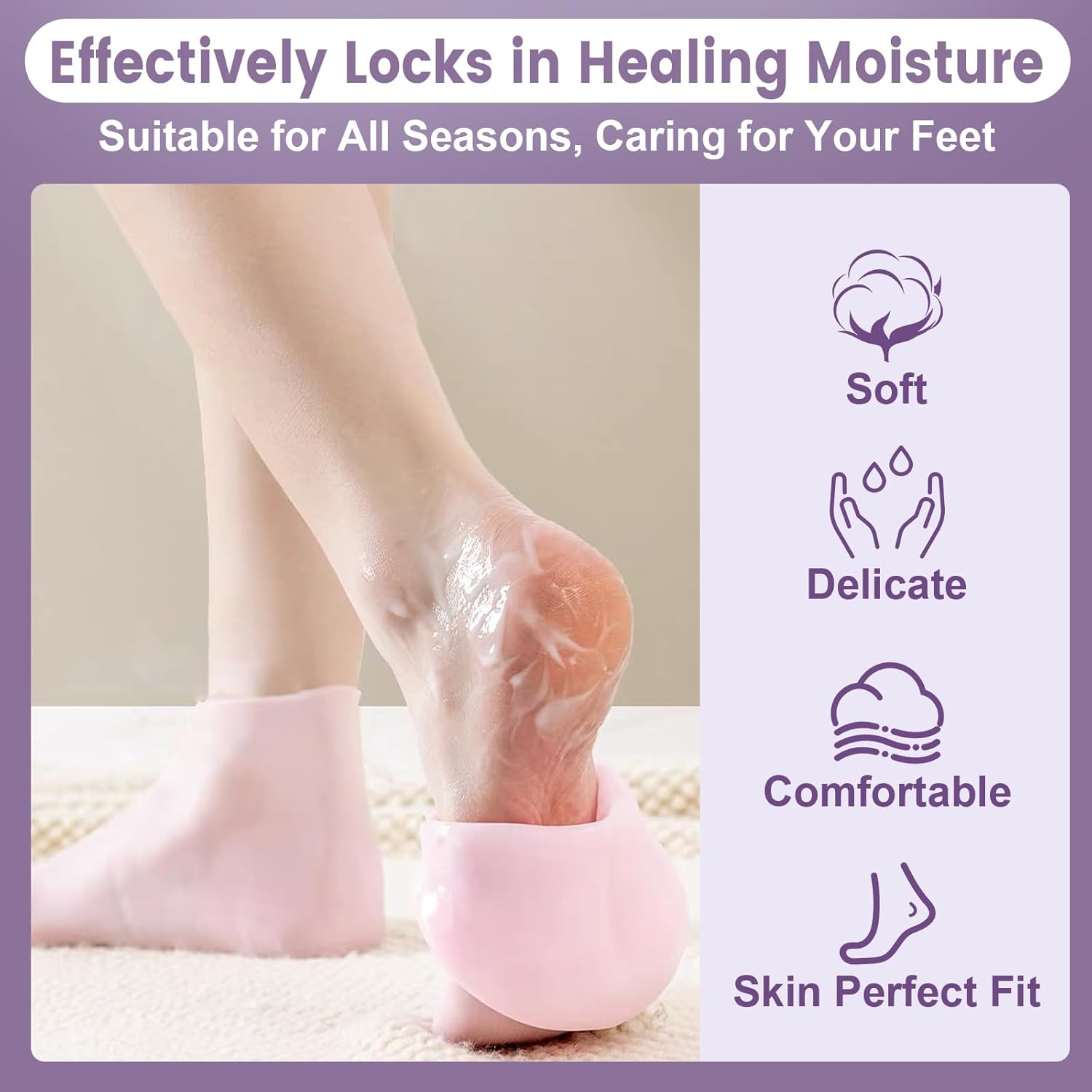 5 Pairs Silicone Socks for Dry Cracked Feet, Women's Moisturizing Foot Socks (Pink, Fits Up to Size 9)
