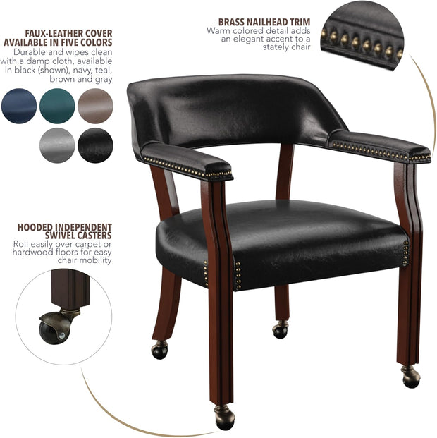 Steve Silver Furniture Tournament Arm Dining Chair with Casters, Upholstered w/Nailhead Trim, for Living Room, Dining Room, Vegan Leather, 18-Inch Seat Height, 25" W x 25" D x 31" H, Black
