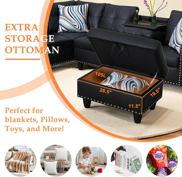 Sectional Sofa Couch, Modern 4-Seaters Living Room Furniture Sets with Chaise Lounge, Ottoman & 2 Pillows | L Shape Couch | Cup Holder | Faux PU Leather, Black