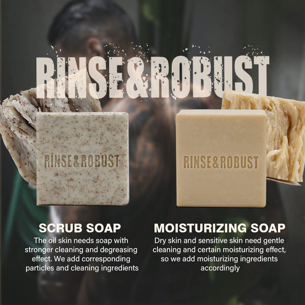 Rinse & Robust Mens Natural Bar Soap 6Pcs Handmade Cleansing Soap Bar Set Moisturizing&Exfoliating Scrub Soap Gifts for Men 6 Different Scents 3.5 oz of 6 Bars