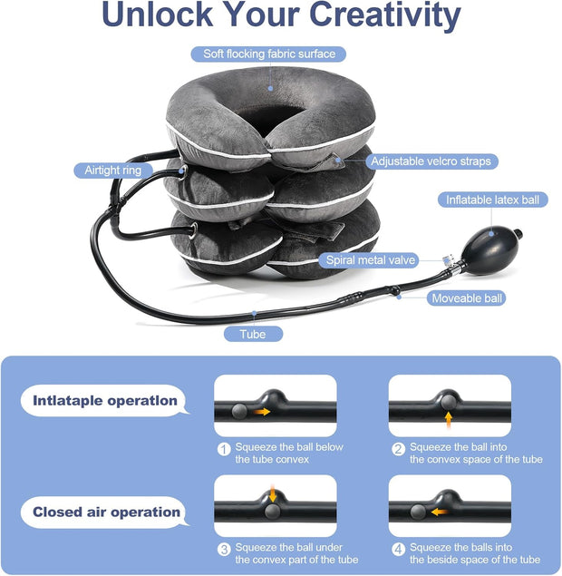 Neck Stretcher for Pain Relief, Adjustable Inflatable Cervical Traction Device, Neck Brace for Home Use, Supports Neck Decompression & Spine Alignment，Gifts for Women (Grey)