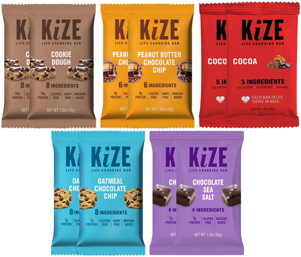KiZE Energy Bars - Peanut Butter Chocolate Chip - Gluten Free, Dairy Free, Non-GMO, and High Protein Meal Replacement Energy Bars, Clean and Simple Food Ingredients - 10g High Protein Snacks, (10 Count)