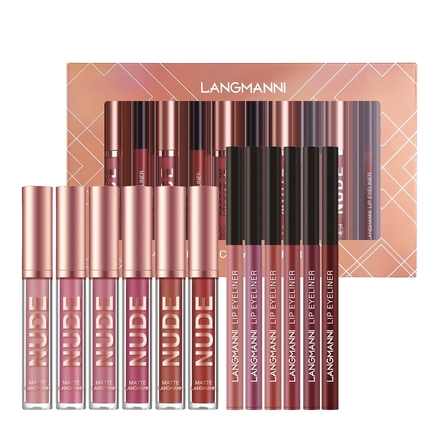 LANGMANNI 6 Matte Lipstick with 6 Lipliners Durable Makeup Set,Long-Lasting Non-Stick Cup Not Fade Waterproof Pigmented Velvet Lipgloss Kit Beauty Cosmetics Makeup Gift for Girls (#A)