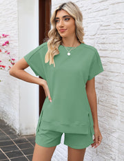 LOMON Womens Fashion 2 Piece Outfits Sweatsuits 2025 Summer Short Sleeve Loungewear Tracksuit Round Neck Lounge Shorts Sets