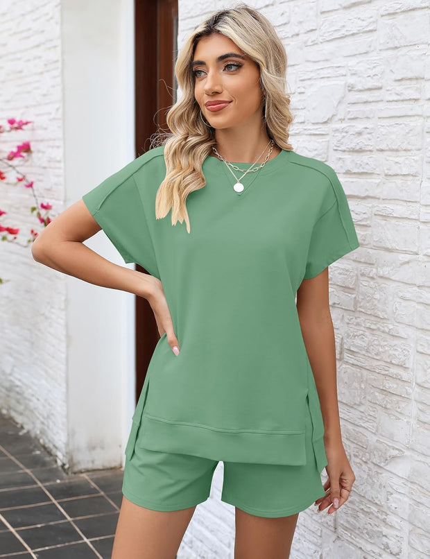 LOMON Womens Fashion 2 Piece Outfits Sweatsuits 2025 Summer Short Sleeve Loungewear Tracksuit Round Neck Lounge Shorts Sets