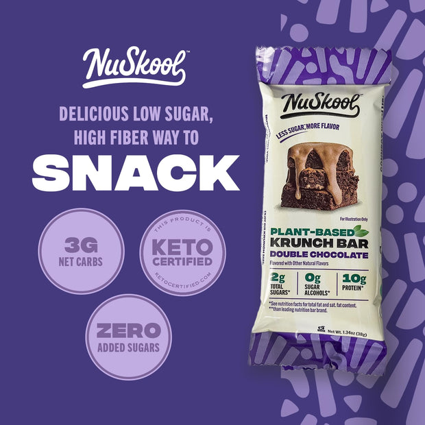 NuSkool Snacks Double Chocolate Keto Friendly Protein Krunch Bars (12 Pack) - 7g Fiber, 10g Clean Plant-Based Protein, 3g Net Carbs - Gluten-Free, Non-GMO, Vegan, Low Carb Keto Healthy Breakfast Snack