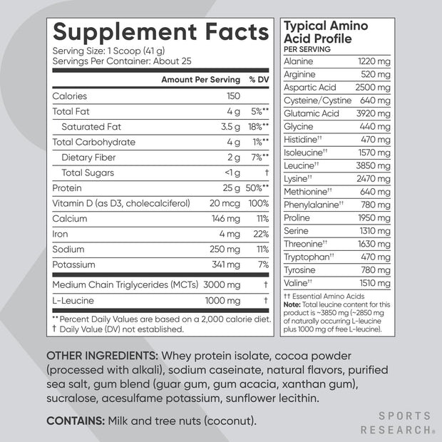 Sports Research Whey Protein Isolate - Sports Nutrition Protein Powder 25g per Scoop - 2lb Bag Whey Protein - Dutch Chocolate Bulk Protein Powder, 25 Servings