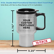 Personalized 14oz Travel Mugs Stainless Steel - 10 Pack - Custom Text, Logo - Stainless Steel