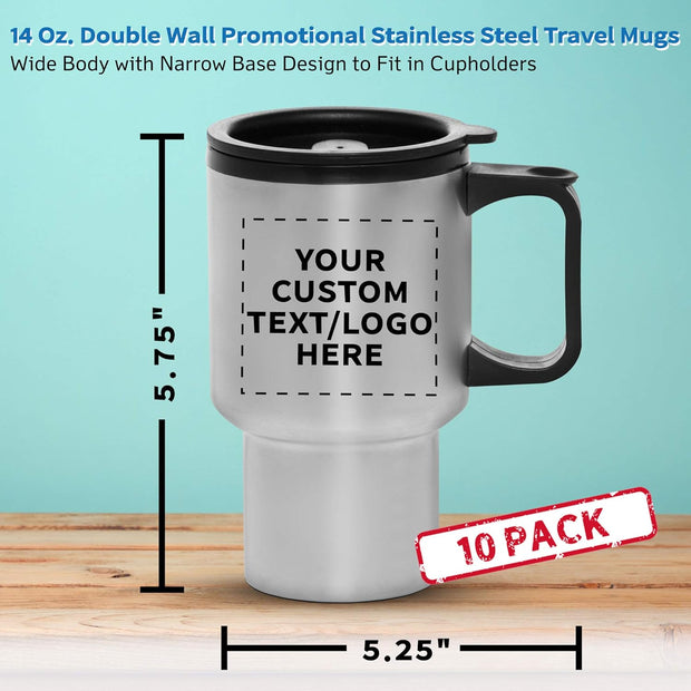 Personalized 14oz Travel Mugs Stainless Steel - 10 Pack - Custom Text, Logo - Stainless Steel