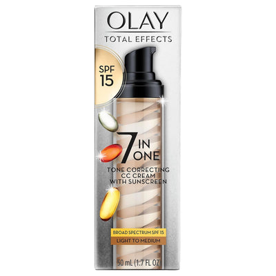 Olay CC Cream, Total Effects with Sunscreen SPF 25, Light to Medium Foundation, Hydrating Broad Spectrum Sun Protection, Evens Tone, Brightening, Anti-Wrinkle, Firming - with Niacinamide, 1.7 oz