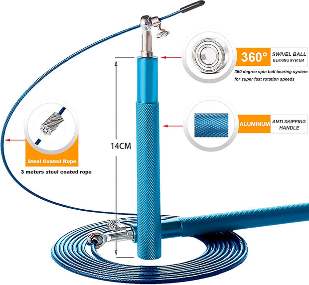 Speed Jump Rope - 360° Swivel Ball Bearing - Adjustable steel coated rope-Aluminum Anti Skipping Handle -Fitness Training Boxing Sports Exercises -Suitable for Kids and Adults