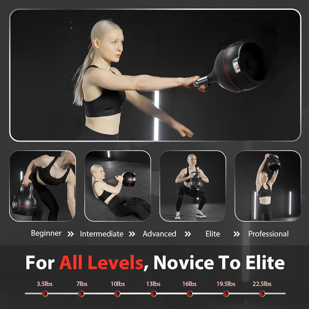 Mikolo Kettlebell, 7-in-1 Adjustable Kettlebell with 7 Weight Levels (3.5-22.5lbs), Die-Cast Aluminum and ABS Material, Quick Adjustment Weights with Safety Locking System for Full Body Strength