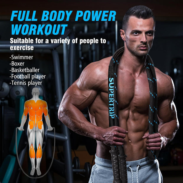 Supertrip Upgraded Weighted Jump Rope for Fitness Men Women Second Generation 360 Rotating Handles, 3.21LBS 3.38LBS 3.41LBS Polyester Heavy Skipping Rope for Exercise Workout Equipment