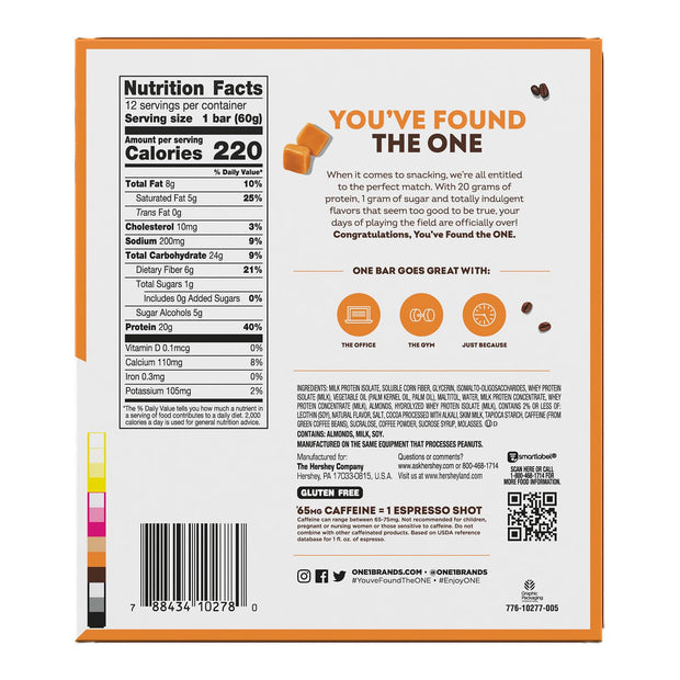 ONE Coffee Shop Caffeinated Protein Bars, Caramel Macchiato, Gluten Free with 20g Protein and 65mg of Caffeine Energy, Pantry Staples, 2.12 oz (12 Count), Packaging May Vary