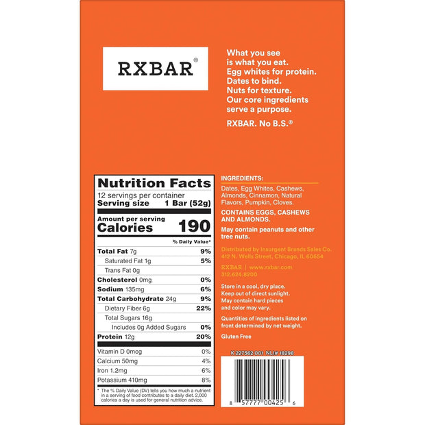 RXBAR Protein Bars, Protein Snack, Snack Bars, Pumpkin Spice, 22oz Box (12 Count)