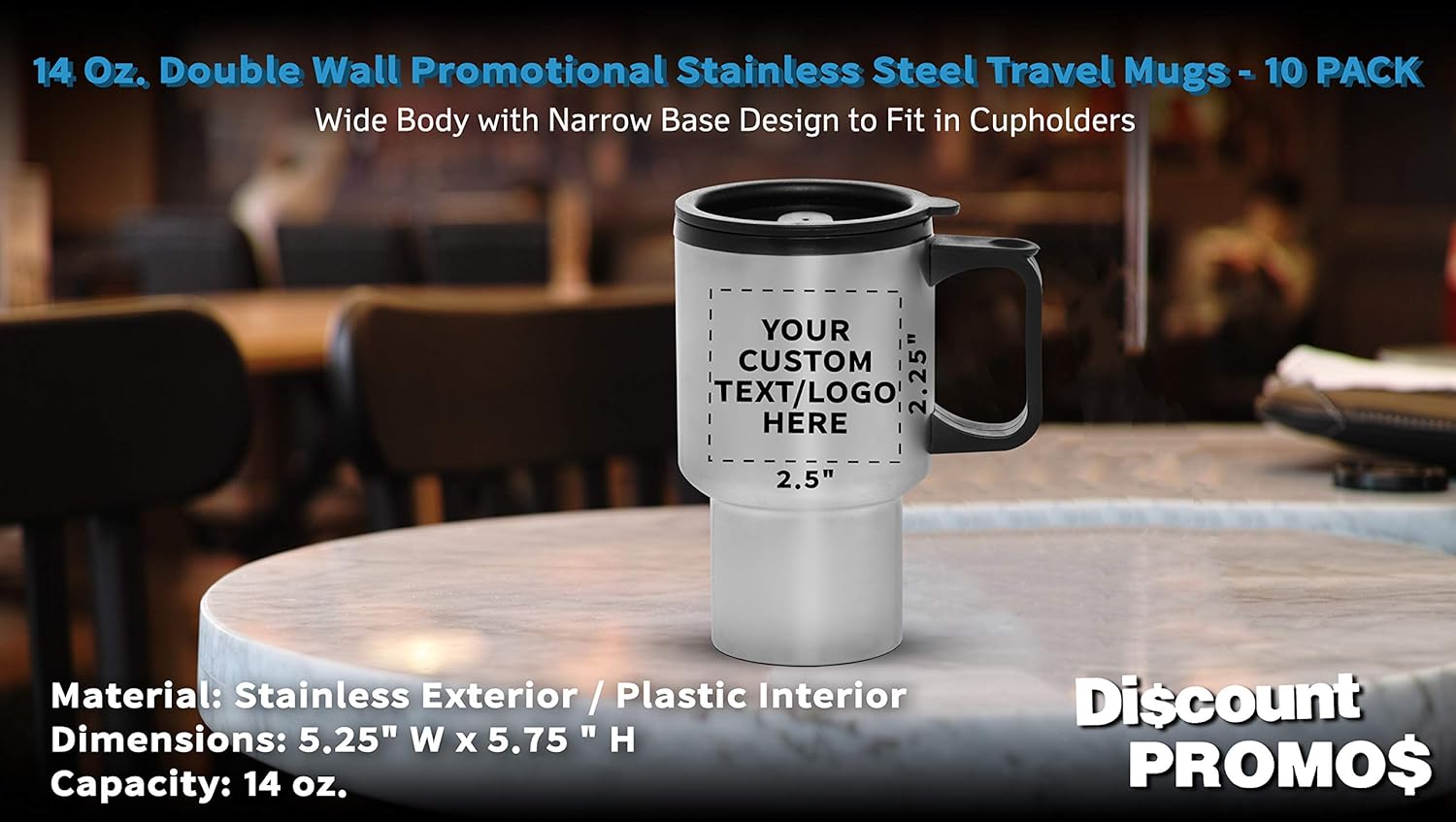 Personalized 14oz Travel Mugs Stainless Steel - 10 Pack - Custom Text, Logo - Stainless Steel