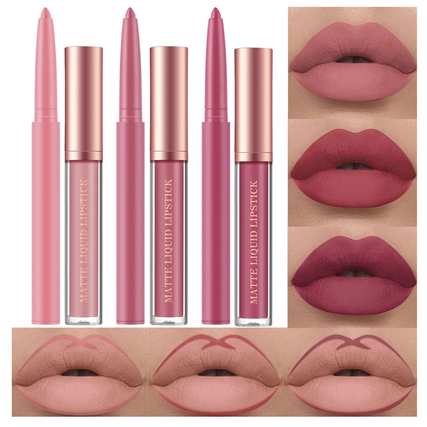 BestLand 6Pcs Matte Liquid Lipstick and Lip Liner Set, Non-Stick Cup Not Fade Waterproof 24 Hour Lip Gloss Nude Brown Lip Liner Pencil for Women, labiales mate 24 horas originales (Set E)