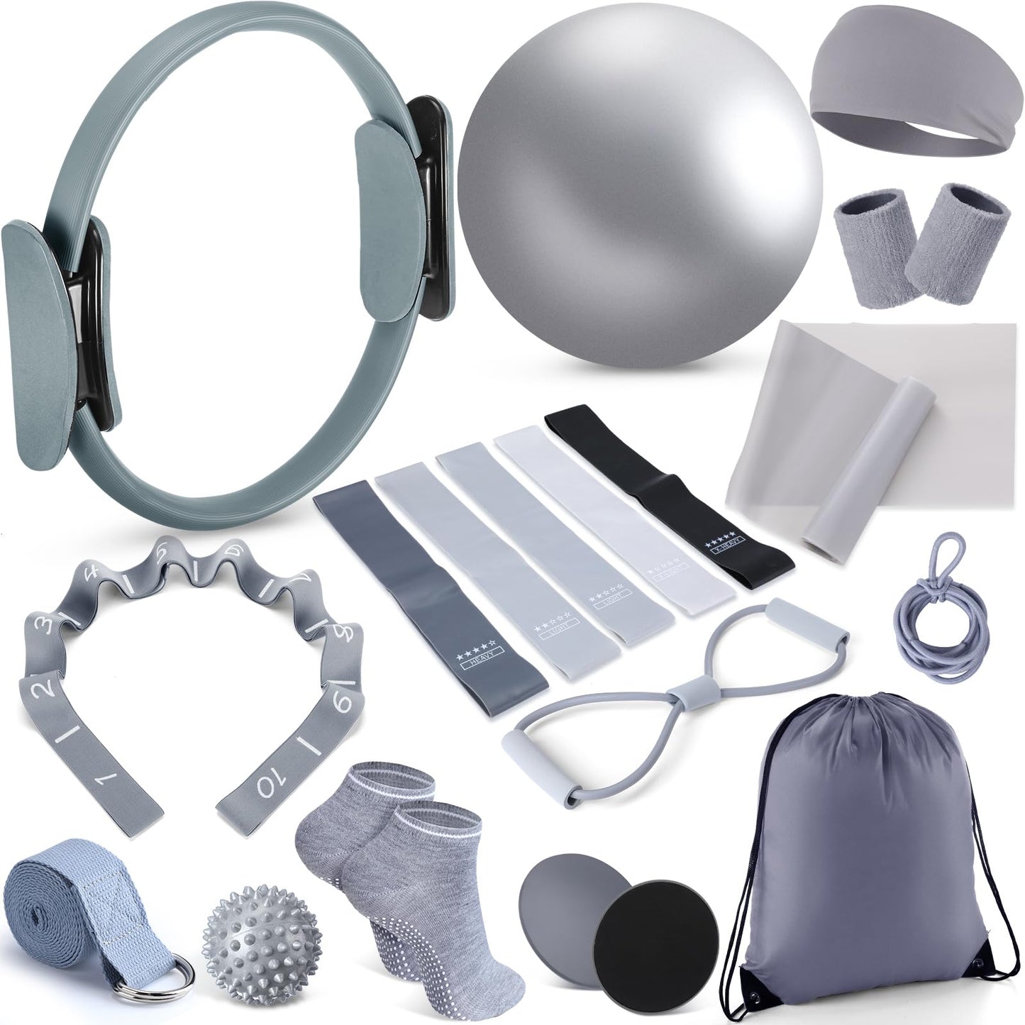 Poen 18 Pcs Pilates Ring Kit Home Pilates Ring Circle and Ball Set for Women Yoga Fitness Set with 5 Resistance Band Stretching Strap Non Slip Sock Ball Core Slider Wristband Headband Gym Bag
