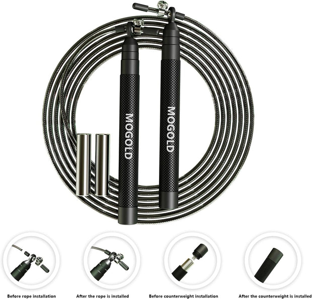 speed jump rope incl. 2 PVC Steel Cables 2.0mm/3.0mm| Ideal for Crossfit, Fitness, Boxing and Easy Double Under | Metal Jump Rope with Weights for Fitness Women and Men Premium Bearing Balls | Carry Pouch&Spare Screws