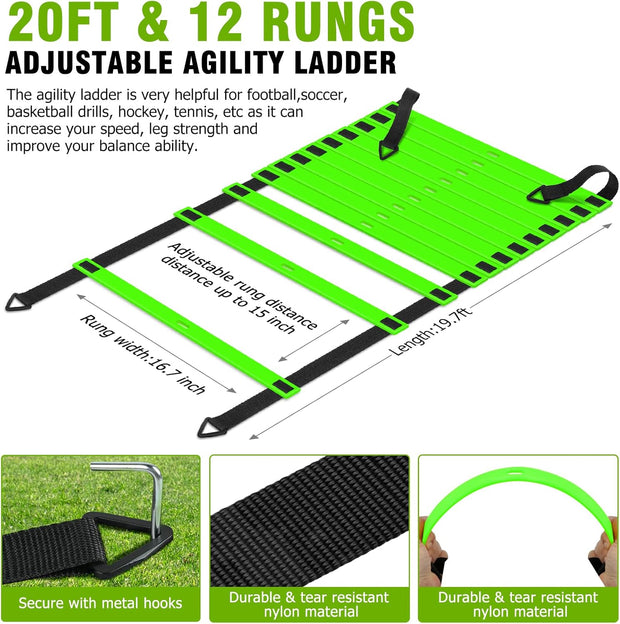 Speed and Agility Training Equipment: 5 Adjustable Agility Hurdles. 20ft Agility Ladder, Soccer Training Equipment Set for Kids Youth Adults