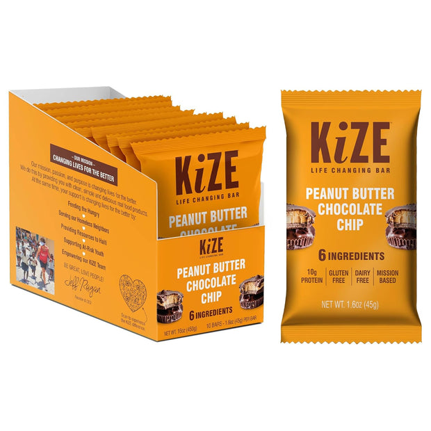 KiZE Energy Bars - Peanut Butter Chocolate Chip - Gluten Free, Dairy Free, Non-GMO, and High Protein Meal Replacement Energy Bars, Clean and Simple Food Ingredients - 10g High Protein Snacks, (10 Count)