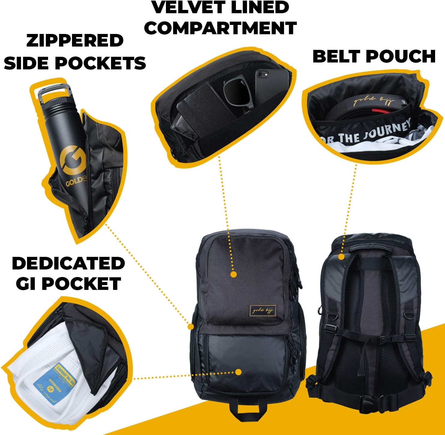 Gold BJJ Jiu Jitsu Backpack - Heavy Duty Gym Bag with Waterproof Gi Pocket