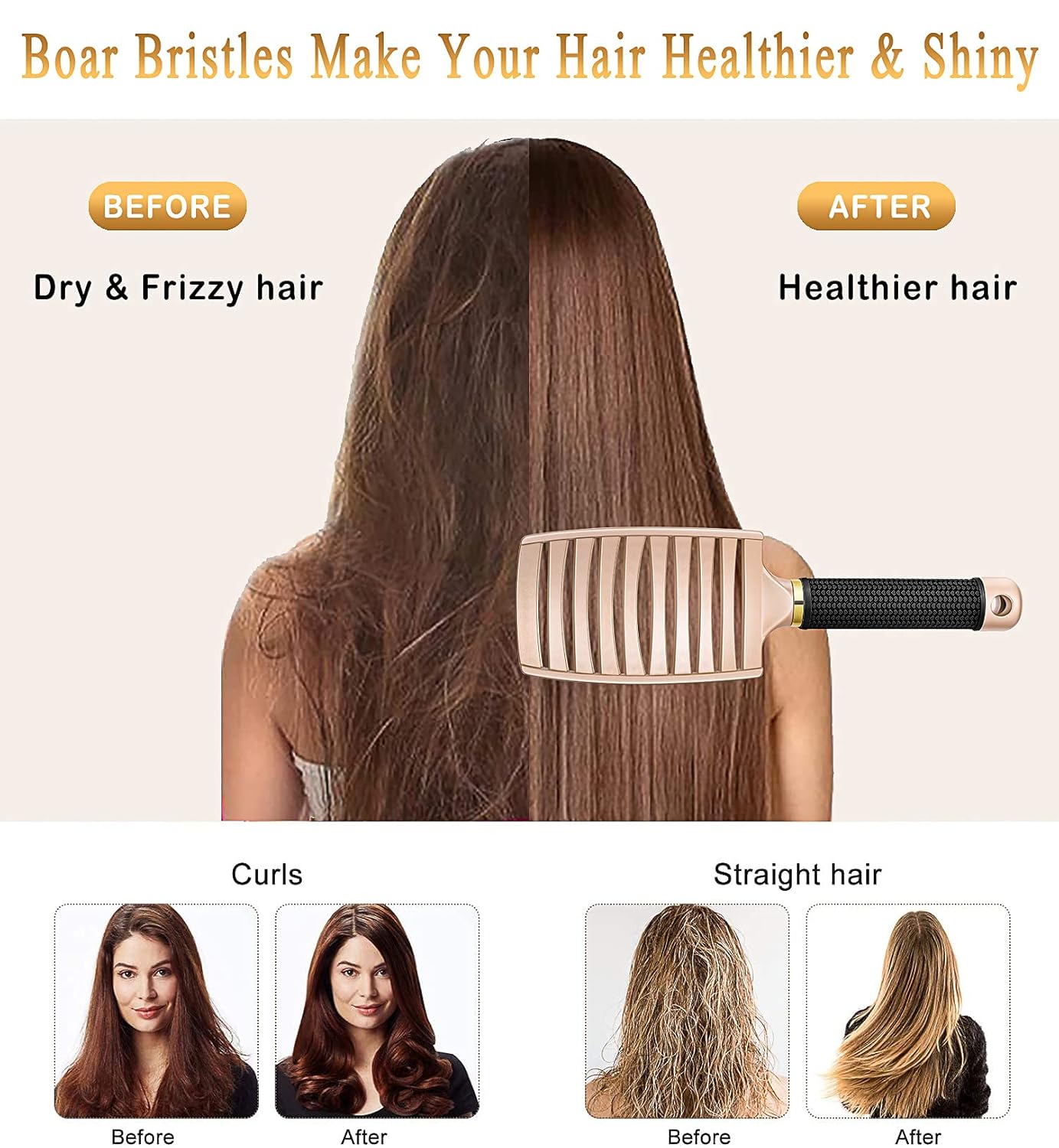 KTKUDY Detangling Brush Getting Knots Out without Pain - Boar Bristles HairBrush Make Hair Shiny & Healthier Vented Detangler Brush for Women Men Kids Wet and Dry Hair (Gold & Green)