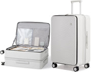 mixi 24 Inch Large Expandable Checked Luggage PC Hard Shell Suitcase Top Opening Rolling Travel Suitcases with Spinner Wheels & TSA Lock, Smoke White