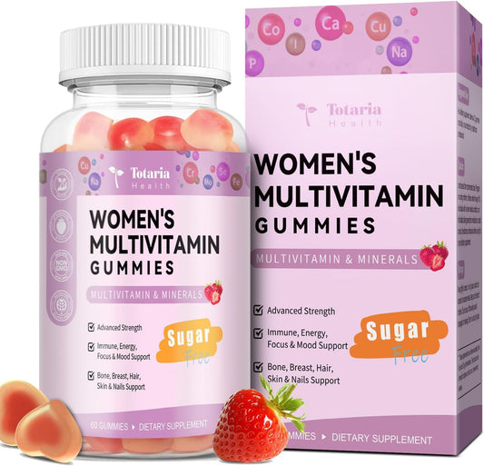 Sugar Free Multivitamin Gummies for Women 14+ w/Iron, Inositol, Folate, Biotin, Womens Daily Multivitamin Gummy w/Vitamin A, C, B, D3, K2, for Hair, Skin, Energy, Immune, Strawberry Flavor