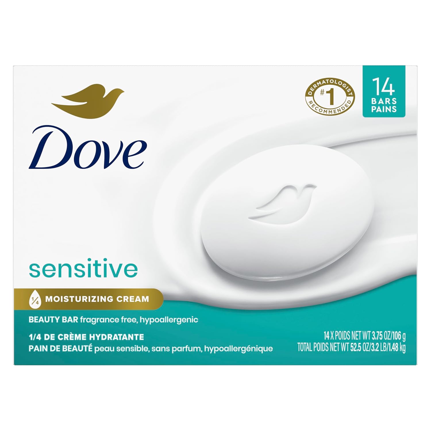 Dove Beauty Bar More Moisturizing Than Bar Soap for Softer Skin, Fragrance-Free, Hypoallergenic Beauty Bar Sensitive Skin With Gentle Cleanser 3.75 oz 14 Bars