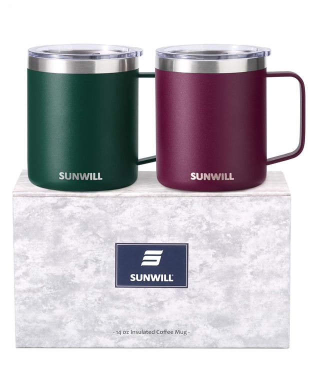 SUNWILL Insulated Coffee Mug with Lid, Travel Tumbler with Handle, 14 oz Stainless Steel Cup for Camping, Office, Home, Powder Coated White