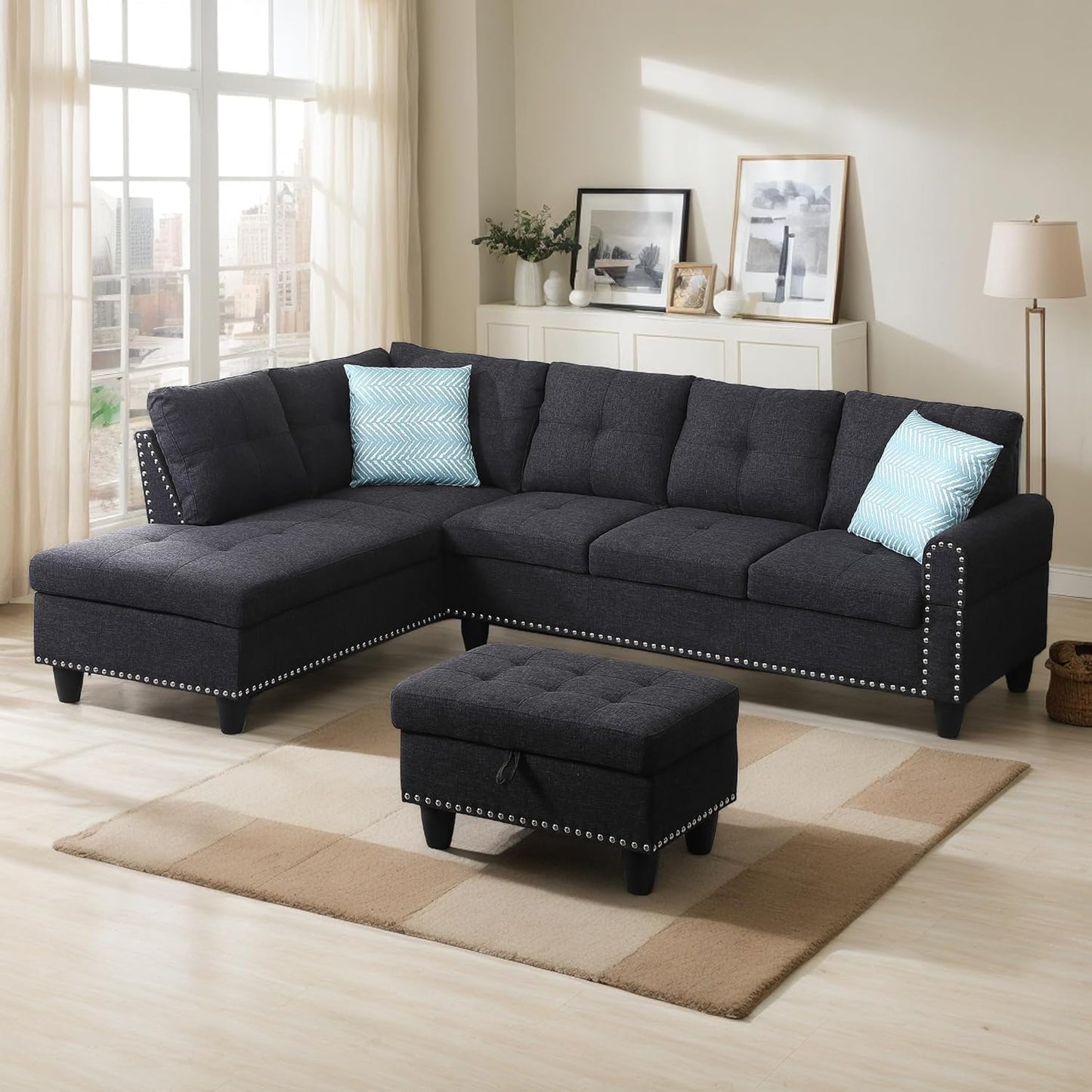 FANYE 3 Piece Modular Sectional Sofa with R Chaise, L-Shaped 5 Seaters Faux Leather Upholstered Corner Sofa & Couch W/2 Cup Holders and Storage Ottoman for Home Apartment Office Living Room