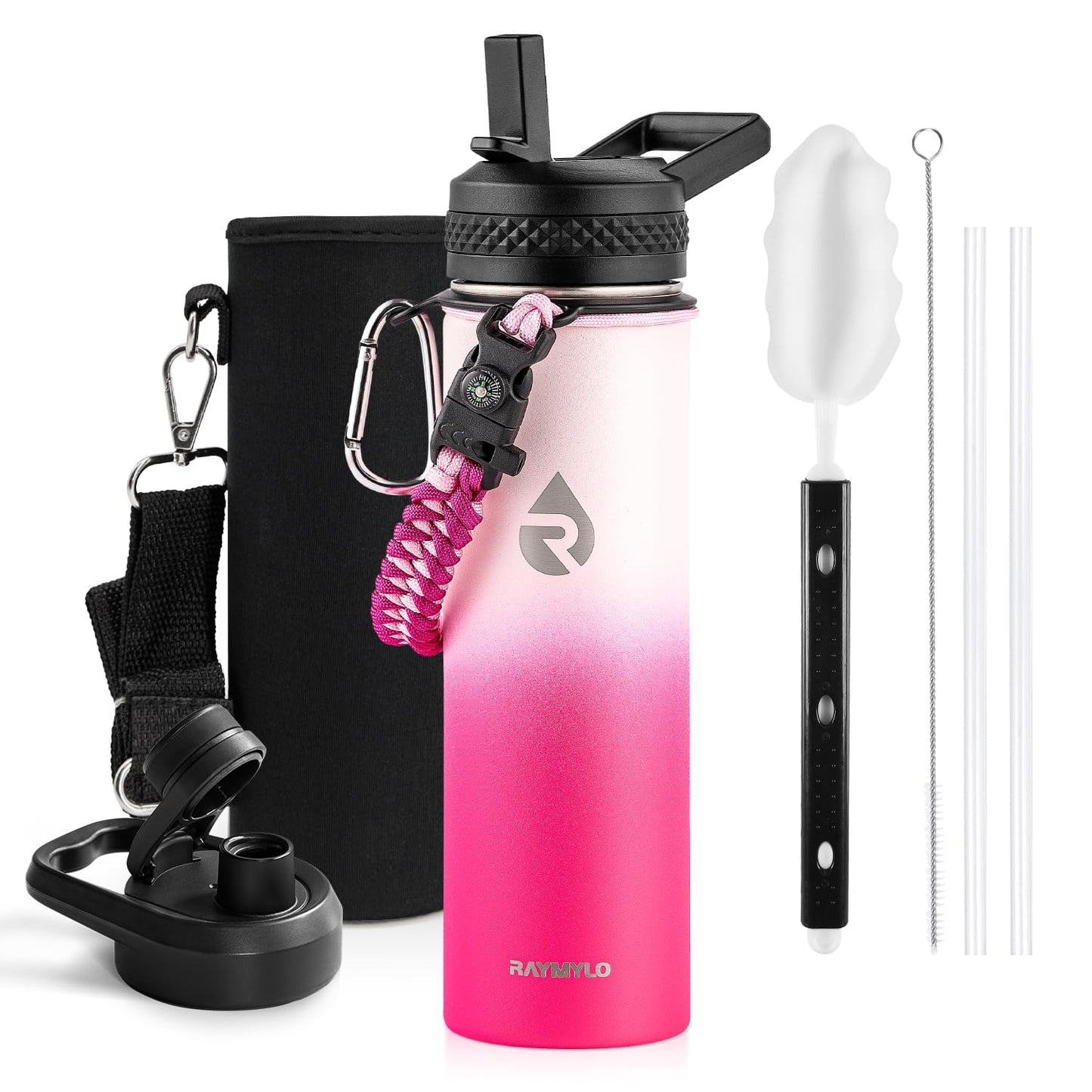 Insulated Water Bottle 64 oz, Triple Wall Vacuum Stainless Steel (Cold for 48 Hrs), Leak Proof & Non-BPA, Half Gallon Water Flask Jug with Paracord Handle & Straw Spout Lids, Magic Black