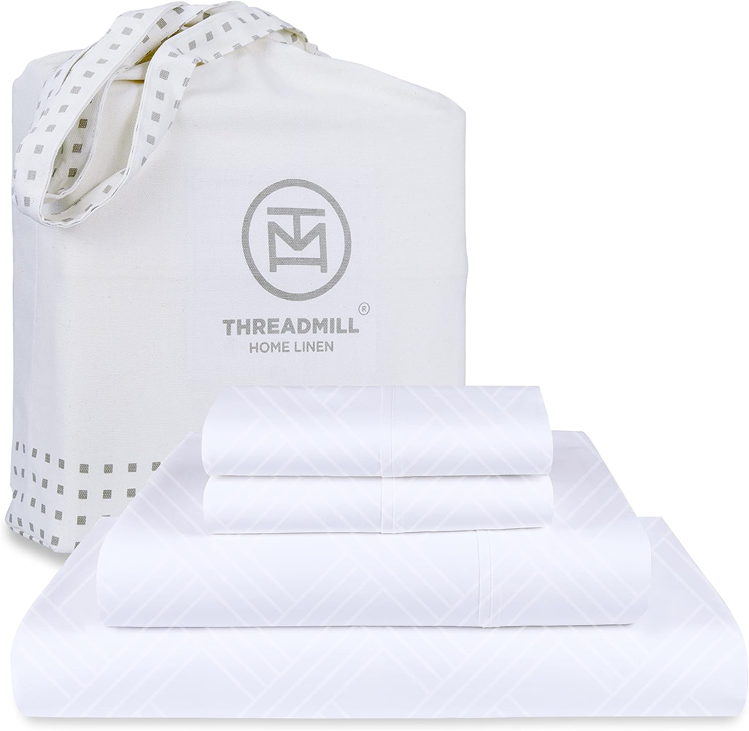 Threadmill Luxury 100% Cotton King Size Sheets Set- 800 Thread Count Jacquard Celine Hotel White, Better Than Egyptian Cotton,4 Pc Striped Bed Set, Damask Bed Sheets with 16" Deep Pocket