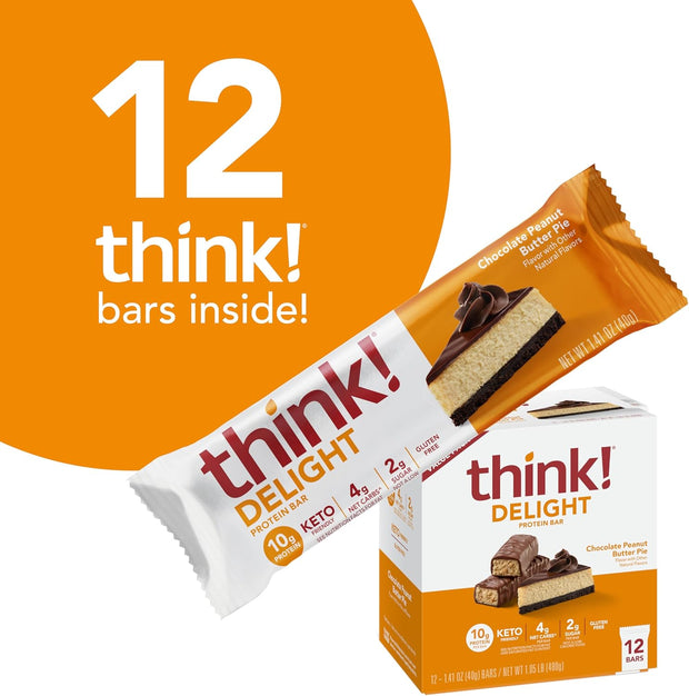think! Delight Protein Bars, Chocolate Peanut Butter Pie, Low Sugar & Low Carb Gluten-Free Snack, Keto Friendly Snacks, 12 Count (Packaging May Vary)