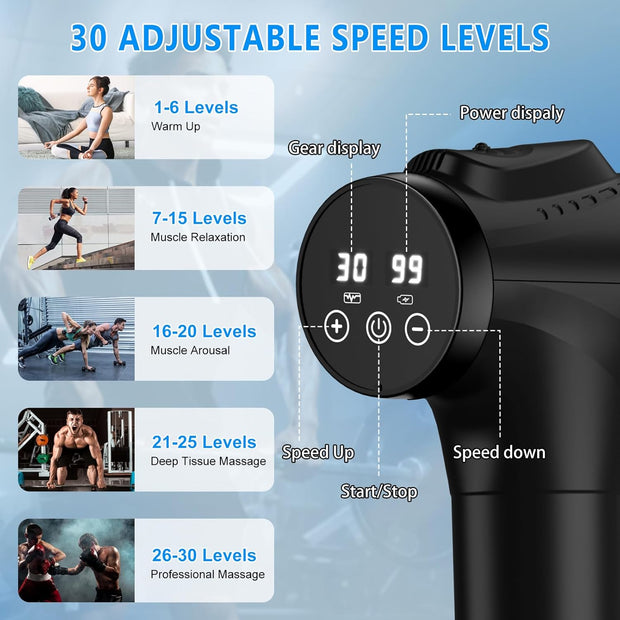 Massage Gun, Muscle Massage Gun for Athletes Handheld Electric Deep Tissue Back Massager, Percussion Massage Device for Pain Relief with 30 Speed Levels 9 Heads