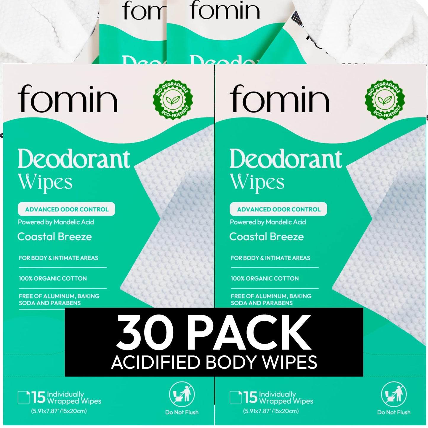 FOMIN Acidified Travel Deodorant Wipes For Women & Men - 30 Count - Variety Pack - pH Balanced, Mini Deodorant Travel Size Wipes - Plastic-Free, Individually Wrapped Underarm Body Wipes