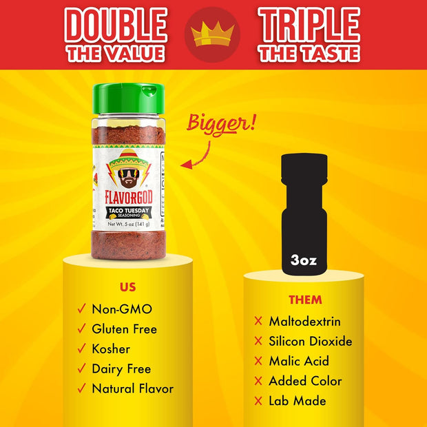 Taco Tuesday Seasoning Mix by Flavor God - Premium All Natural & Healthy Spice Blend for Grilling Chicken, Beef, Seafood, Vegetables, Salad, Ravioli, Pizza, & Pasta - Kosher, Gluten-Free, Dairy-Free, Vegan, Keto Friendly