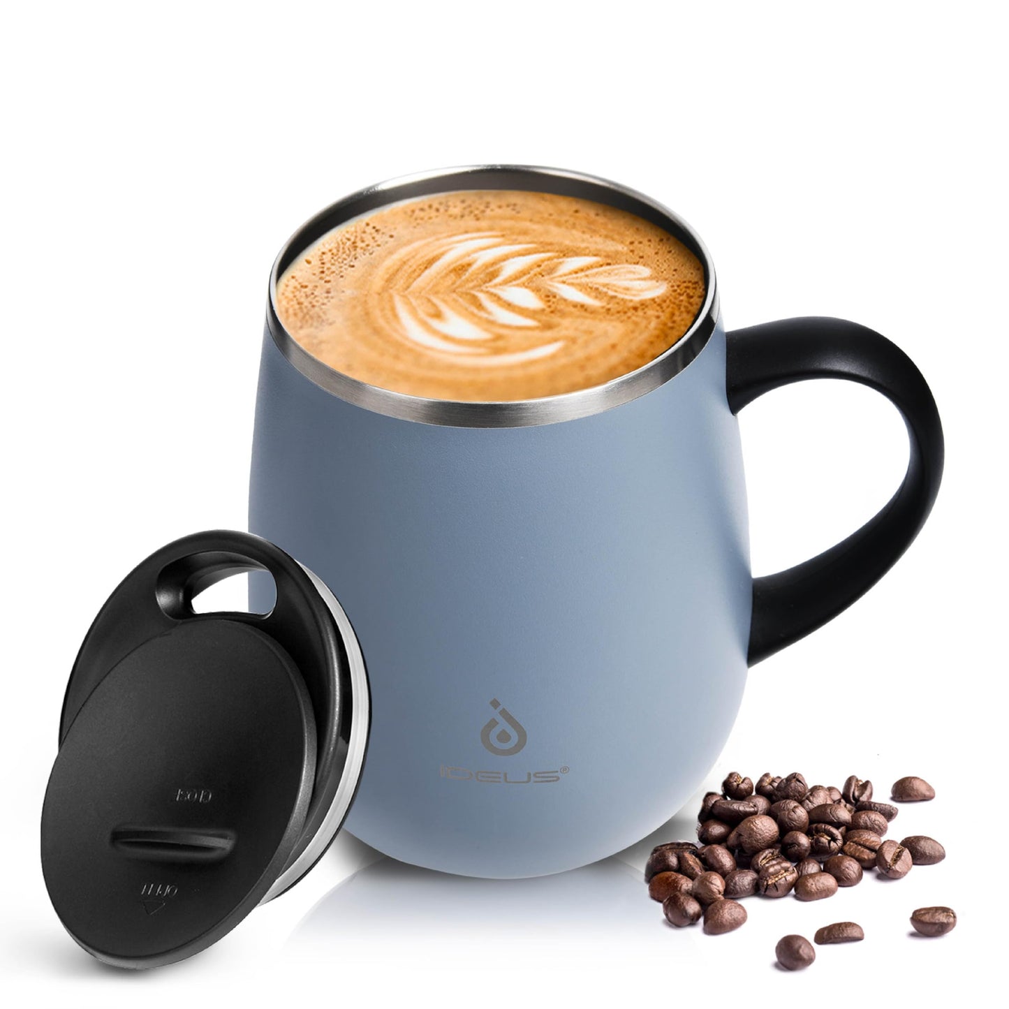 Ideus 16 oz Insulated Coffee Mug with Handle and Lid, Double Wall Stainless Steel Vacuum Thermal Coffee Mug, Travel Coffee Cup Thermal Cup for Home and Office, Storm Black