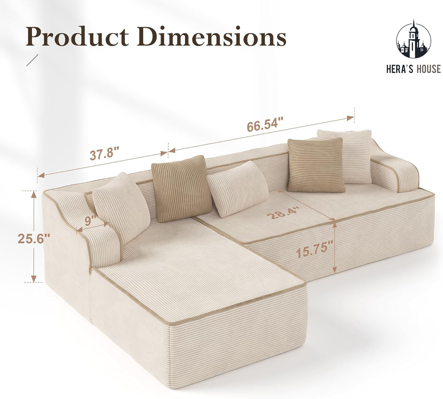 HERA'S HOUSE 104" Sofa with Chaise, L-Shaped Modern Modular Cloud Couch, Corduroy Fabric Plush Deep Seating with 5 Pillows, No Assembly Required Upholstered Living Room Furniture for Apartments