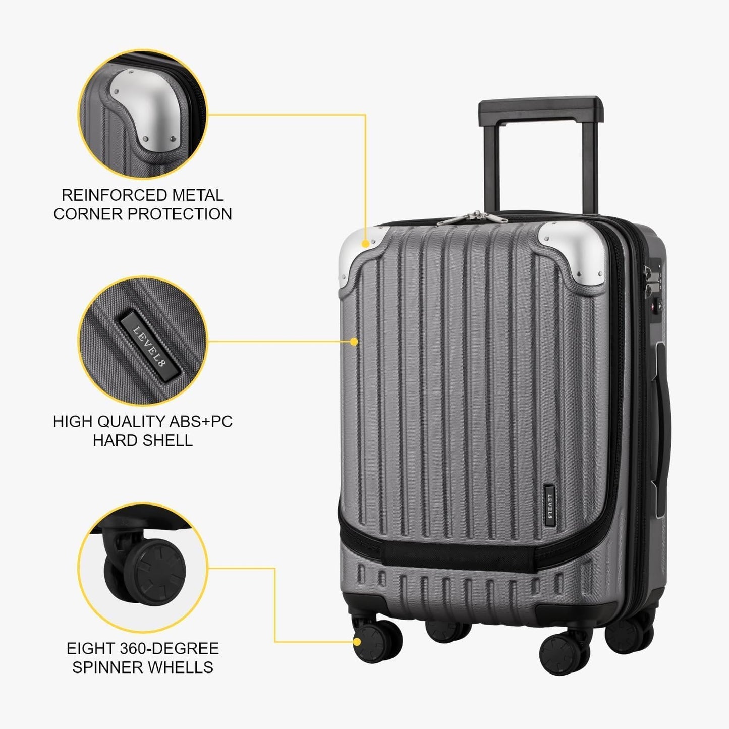 LEVEL8 Grace Carry On Luggage, 20 Inch Hardside Suitcase, Abs+Pc Harshell Spinner Luggage with Tsa Lock, Spinner Wheels, Grey, 20-Inch Carry-On